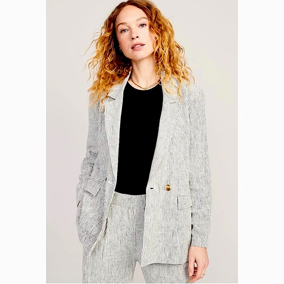 NWOT Old Navy Striped Linen-Blend Double Breasted Blazer Jacket Large - Picture 1 of 12